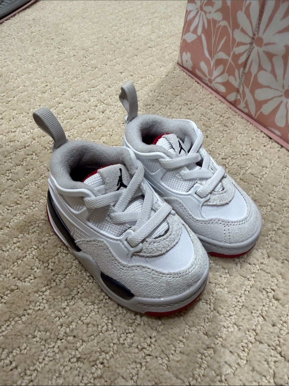 Jordan 4 Kids White and Red Retro Low-Top Sneakers